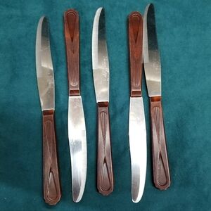 Set Of 5 UTICA SUPER EDGE Serrated Steak Knives MCM Plastic Handle USA Vintage